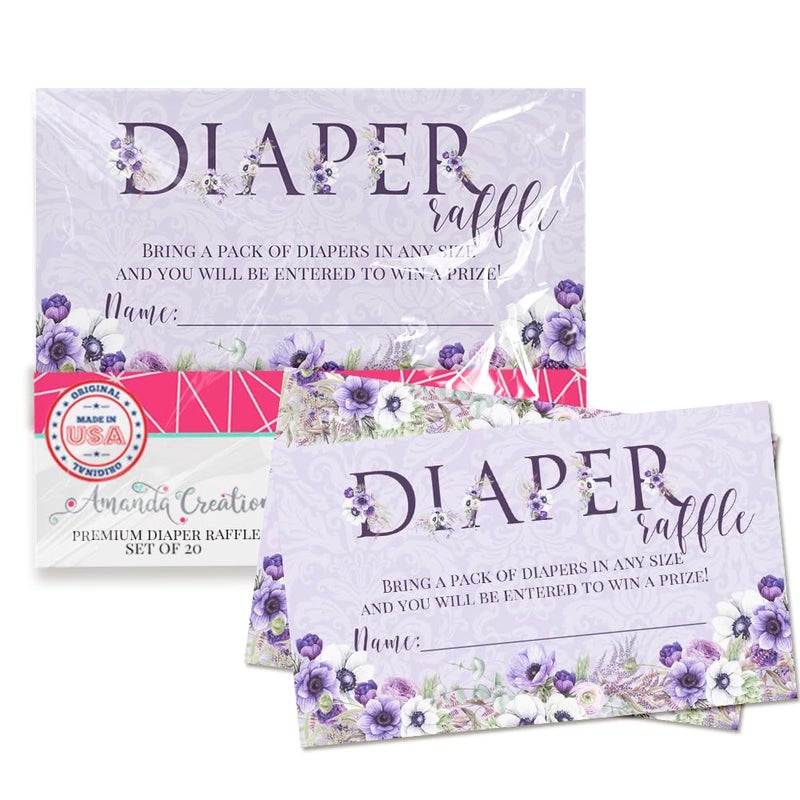 Amanda Creation Watercolor Violet Floral Diaper Raffle Tickets for Baby Showers, 20 2" X 3â€ Double Sided Insert Cards for Games by AmandaCreation, Bring a Pack of Diapers to Win Favors & Prizes! - Image 1